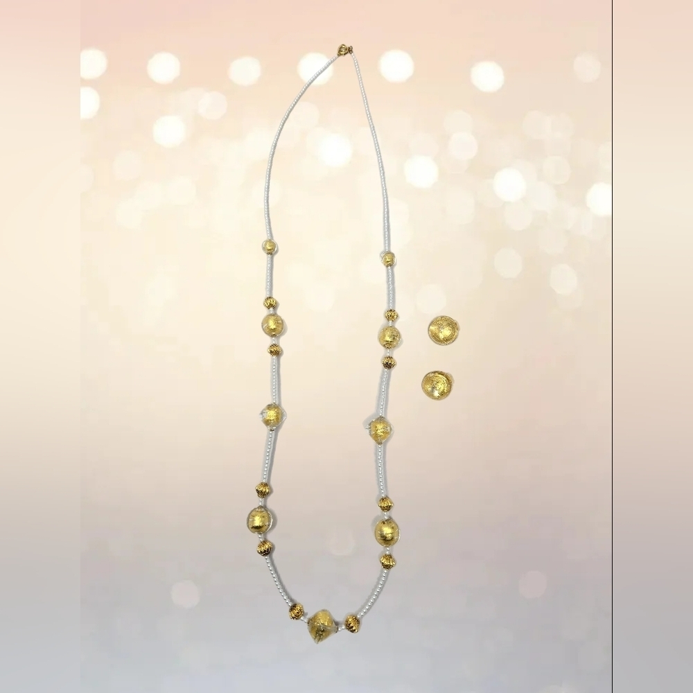 Pearls & 24k Gold Leaf Necklace & Gold Button Earrings Murano Glass Beads